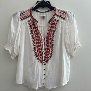 KNOX ROSE Women's Size M Blouse Top Natural Beige Floral Embroidery Boho